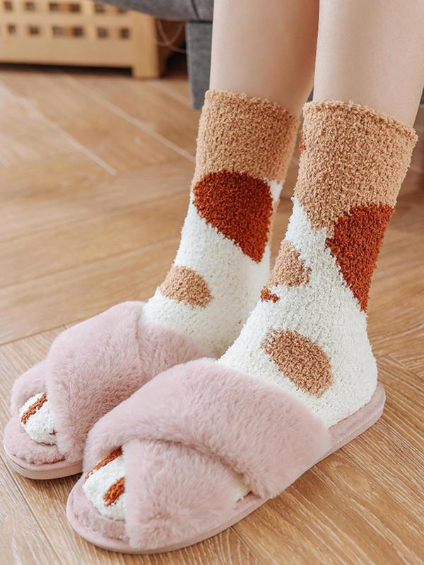 Women's Cartoon Cat Paw Print Fuzzy Socks, Cute Soft Comfy Mid-calf Socks for Fall & Winter, Women's Socks for Daily Wear