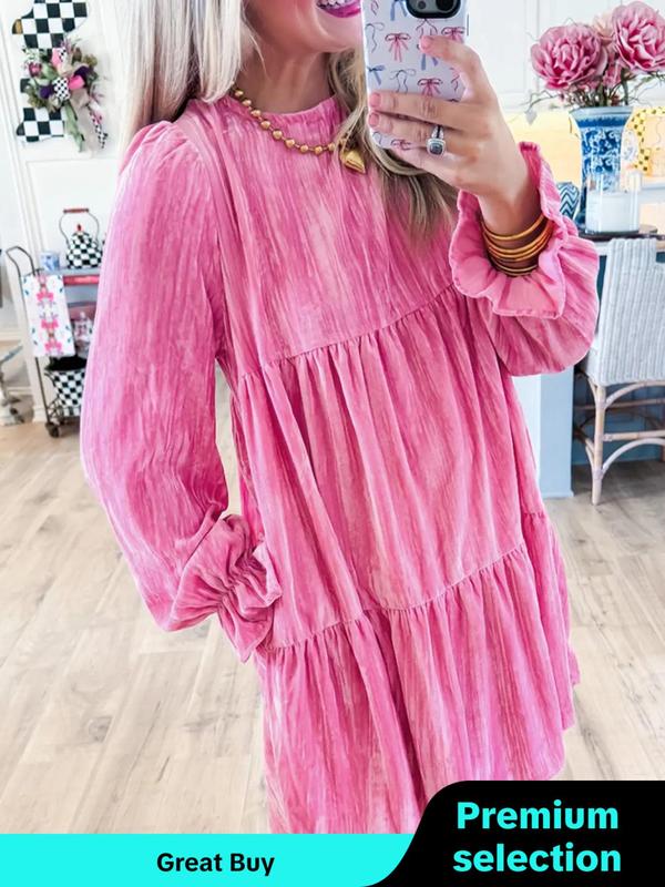 Women's Plain Ruffle Hem Tie Back Smock Dress, Elegant Fashion Flounce Sleeve Round Neck Dress for Daily Outdoor Wear, Women Dress for Spring Fall