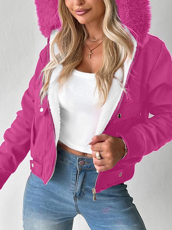 Women's Contrast Faux Fur Trim Hooded Thermal Lined Jacket, Casual Long Sleeve Button Pocket Zip Up Outerwear for Fall & Winter, Women's Clothes for Daily Wear