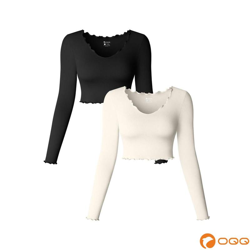 OQQ Womens 2 Piece Long Sleeve Scented Tops Fine Thread V-Neck Cropped Tops Seamless Spandex