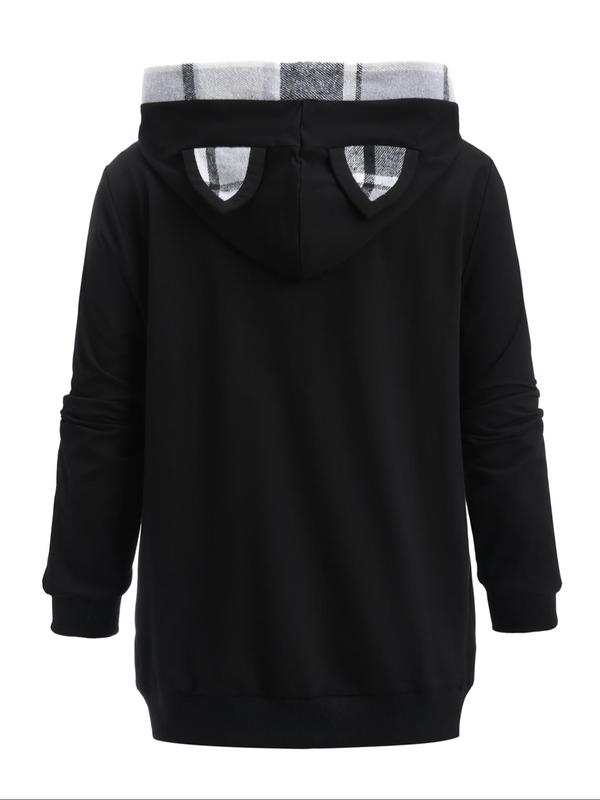  Colorblock Plaid Print Zip Up Ear Design Hooded Jacket, Casual Long Sleeve Hooded Outerwear for Fall & Winter, Women's Clothes for Daily Wear
