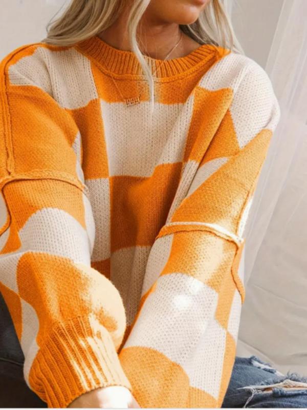 Women's Colorblock Plaid Print Drop Shoulder Sweater, Casual Long Sleeve Round Neck Jumper for Fall & Winter, Fashion Ladies' Knitwear for Daily Wear
