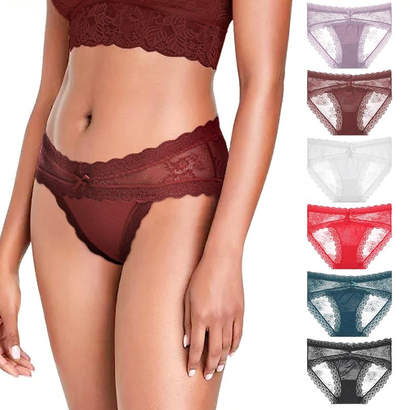LEVAO 6-Piece Suit Women Sexy Lace Underwear Breathable Hipster Panties Brief Stretch Seamless Bikini Briefs S-XXL