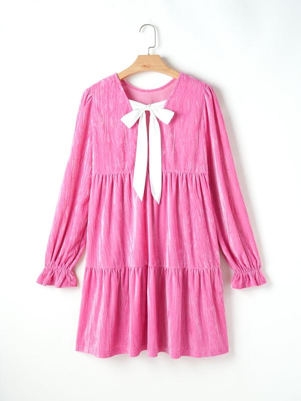 Women's Plain Ruffle Hem Tie Back Smock Dress, Elegant Fashion Flounce Sleeve Round Neck Dress for Daily Outdoor Wear, Women Dress for Spring Fall