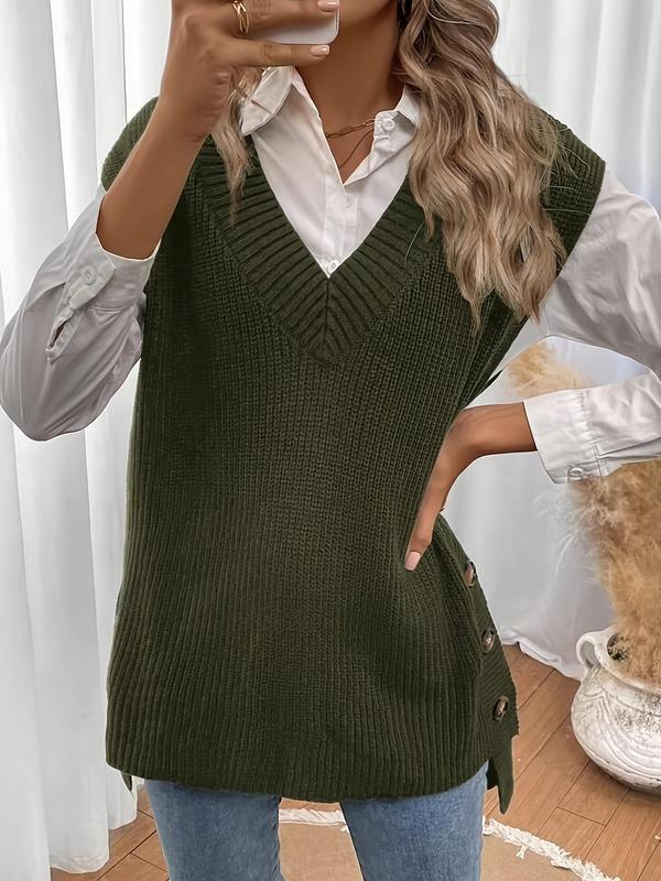 Women's Plain High Low Hem Button V Neck Sweater Vest, Casual Solid Color Sleeveless Knit Top for Daily Wear, Ladies Clothes for All Seasons