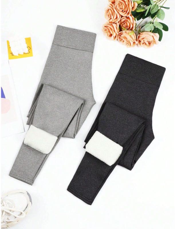2pcs Warm Fleece Lined Leggings, Cold-Proof Casual Thermal Pants For Outdoor Activities In Winter