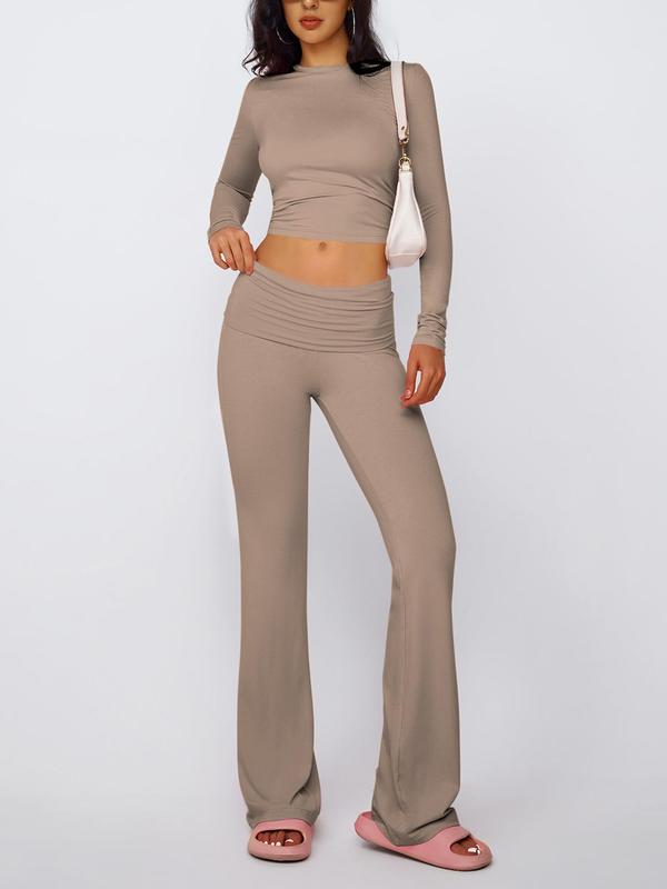 Women's Solid Long Sleeve Short Tee & Flare Leg Pants Set, Casual Round Neck Top & Bell Bottom Trousers for Daily Wear, Ladies Clothes for All Seasons