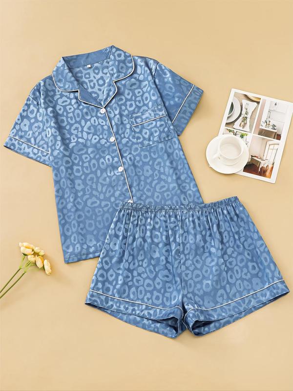 Two Counts Women's Contrast Binding Pocket Satin Pyjama Set, Casual Button Front Shirt & Elastic Waist Shorts, Summer Clothes Women, Pj Sets for Women, Comfort Homewear for Lady