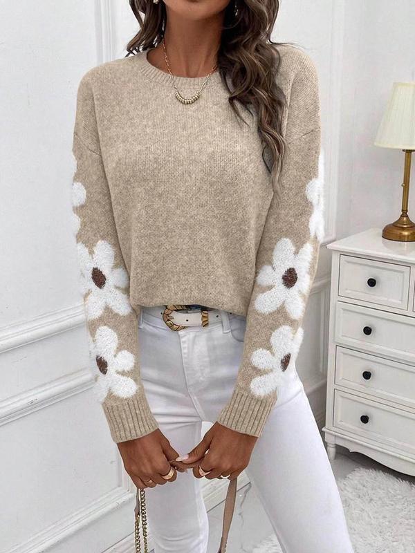 Women's Floral Print Drop Shoulder Sweater, Casual Long Sleeve Round Neck Jumper for Fall & Winter, Fashion Ladies' Knitwear for Daily Wear