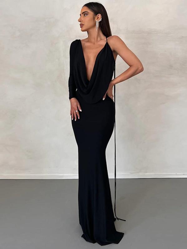 Women's Solid Backless Draped Tie Shoulder Mermaid Dress, Elegant Asymmetrical Neck Long Sleeve Evening Party Gown, Ladies Spring & Fall Clothes
