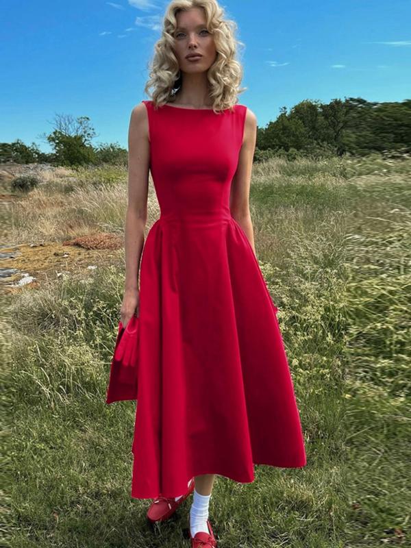 Women's Plain Backless Boat Neck A Line Dress, Elegant Sleeveless Zipper Back Long Dress for Party Holiday Wedding Guest, Ladies Summer Clothes
