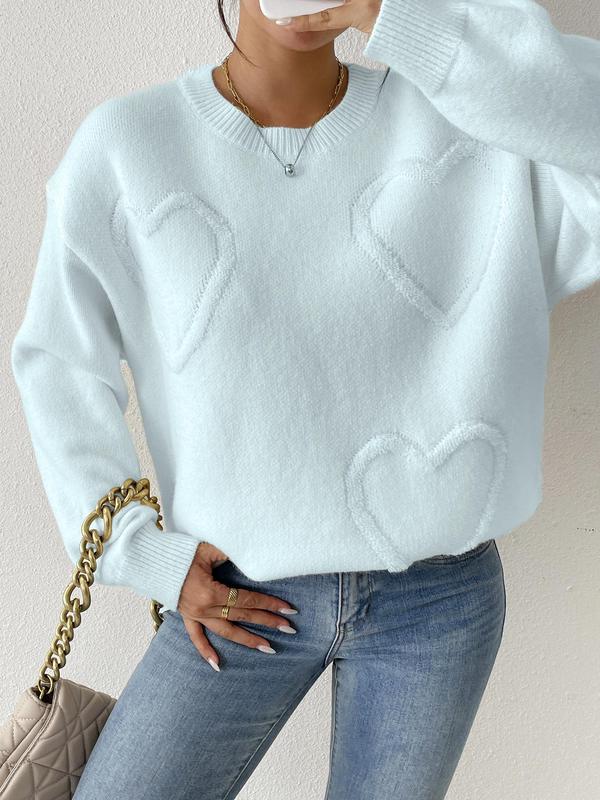 Women's Heart Patched Drop Shoulder Sweater, Casual Long Sleeve Round Neck Jumper for Fall & Winter, Fashion Ladies' Knitwear for Daily Wear