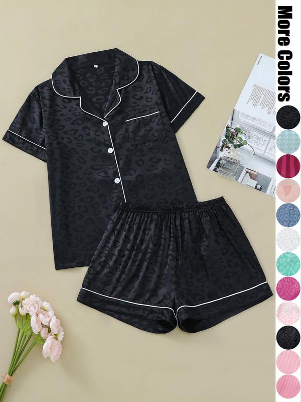 Two Counts Women's Contrast Binding Pocket Satin Pyjama Set, Casual Button Front Shirt & Elastic Waist Shorts, Summer Clothes Women, Pj Sets for Women, Comfort Homewear for Lady