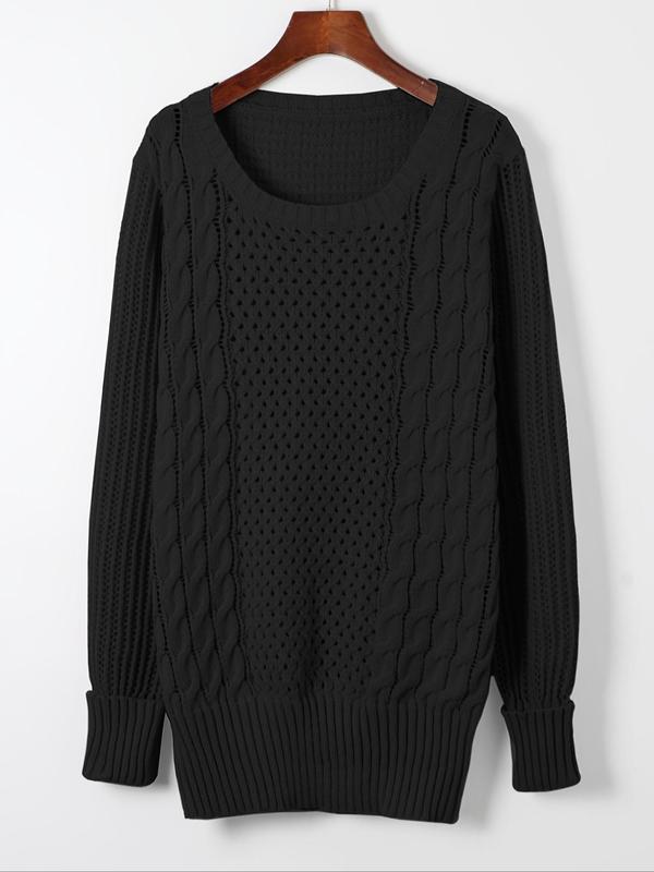 Women's Textured Hollow Out Drop Shoulder Sweater Dress, Casual Long Sleeve Round Neck Knit Dress for Fall & Winter, Women's Knitwear for Daily Wear, Fall Outfits, Fallfreshness