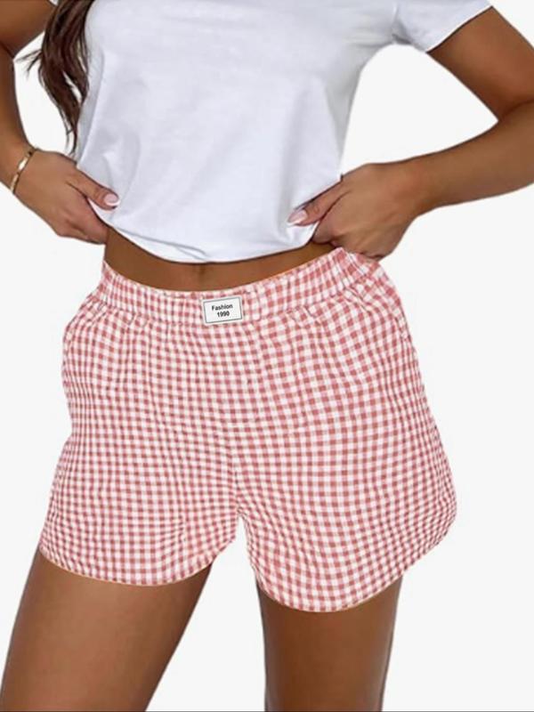 Women's Plaid Print Patched Wide Leg Shorts, Casual Pocket Elastic Waist Shorts for Daily Wear, Ladies Bottoms for All Seasons, Preppy 80s Clothes