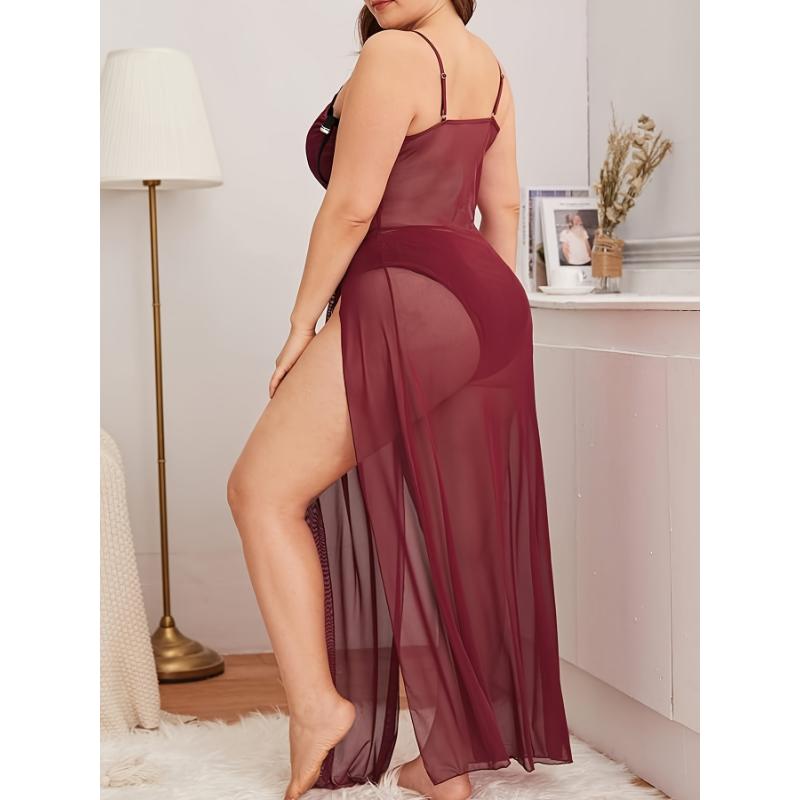 Women's Sexy Lingerie Dress Set, Plus Size Semi Sheer Thigh Split Long Mesh Cami Dress & Panty Lingerie 2 Piece Set