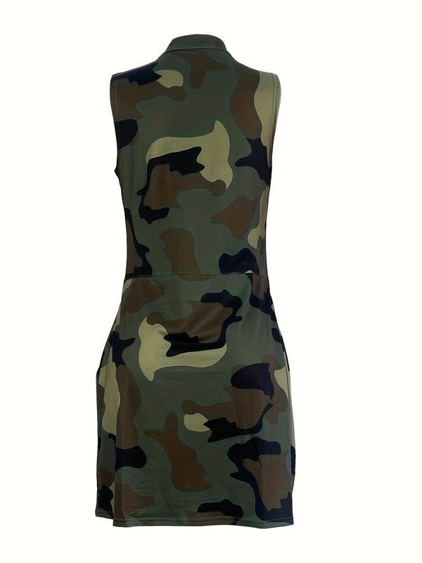 Women's Camo Print Pocket Tank Dress, Casual Sleeveless V Neck Short Dress for Daily Wear, Ladies Clothes for All Seasons