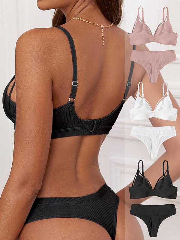 Women's Solid Color Push Up Bra & Panty Set, Casual Comfy Breathable Underwear Set for Daily Wear, Women's Underwear Set for All Seasons