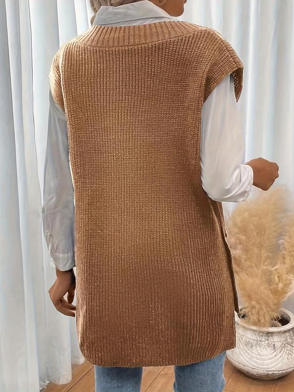 Women's Plain High Low Hem Button V Neck Sweater Vest, Casual Solid Color Sleeveless Knit Top for Daily Wear, Ladies Clothes for All Seasons