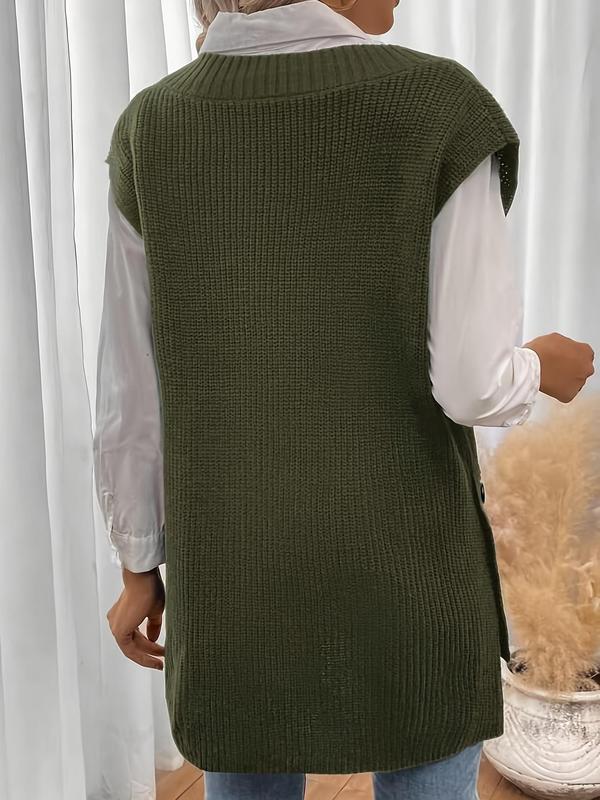 Women's Plain High Low Hem Button V Neck Sweater Vest, Casual Solid Color Sleeveless Knit Top for Daily Wear, Ladies Clothes for All Seasons