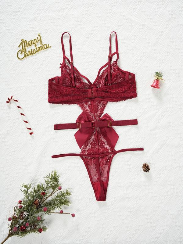 Women's Bow Decor Cut Out Sheer Lace Sexy Teddy Lingerie Bodysuit, Sexy Comfy Breathable Backless Cami Lingerie Bodysuit for Daily Wear, Women's Lingerie for All Seasons