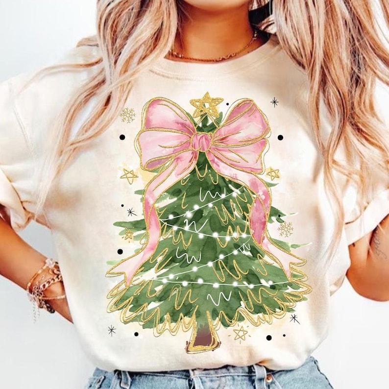 Coquette Glitter Christmas Tree Shirt, Watercolor Tree Girly, Merry Christmas Coquette Bow Tree, Christmas Lights Hand Drawn, Crewneck, Graphic Tee