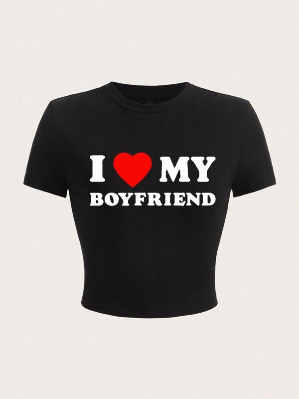 Women's Letter & Heart Print Round Neck Shortsleeve Crop Tee, Lady Casual Comfort Short Sleeve Crew Neck T-Shirt for Summer, Women's Tops for Daily Wear, Summer Clothes, Womenswear Tshirt