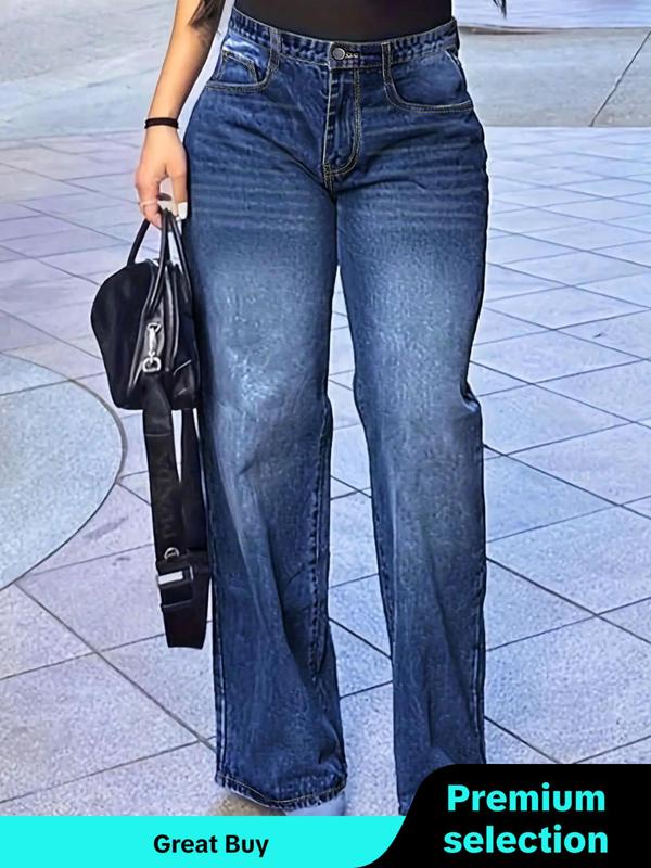 Women's Plain Pocket Wide Leg Jeans, Casual Street Comfy Denim Pants for Daily Wear, Ladies Bottoms for All Seasons