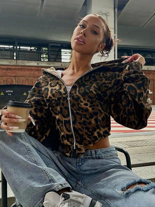 Women's Leopard Print Zip Up Hooded Jacket, Casual Drop Shoulder Long Sleeve Outerwear for Fall & Winter, Ladies Clothes for Daily Wear