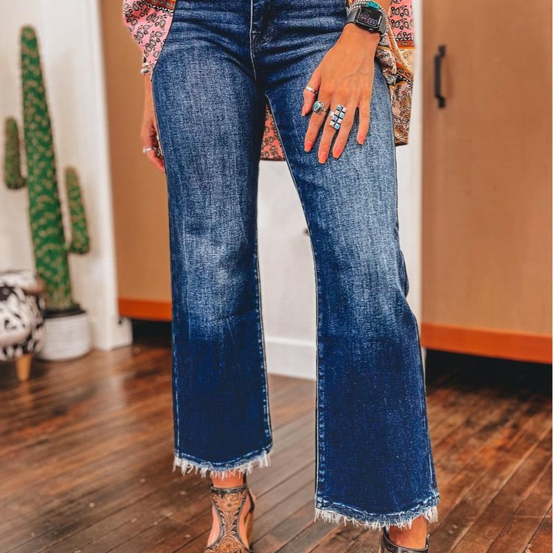 Sail Blue Mineral Wash Raw Hem High Waist Flared Jeans-Trendy Brand New Jeans