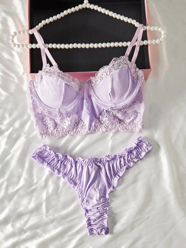 Women's Sheer Ruched Sexy Lace Lingerie Set, Romantic Underwire Bra & Frill Trim Thong Set, Soft Comfortable Underwear Set for Women
