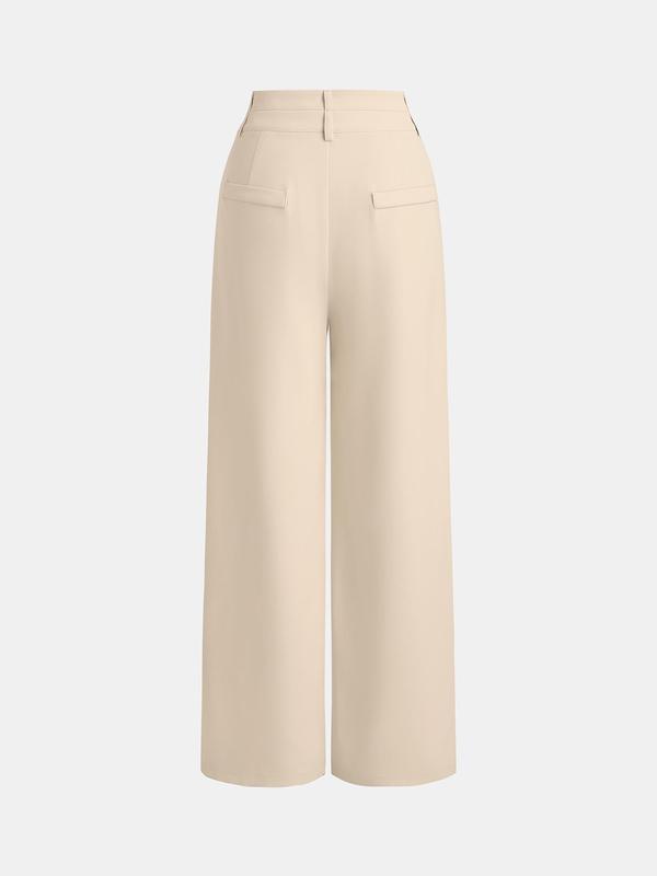 YOZY Women's Solid Button Fly Plicated Wide Leg Pants, Elegant Fashion Pocket Design Trousers for Daily Outdoor Wear, Women's Bottoms for Fall & Winter