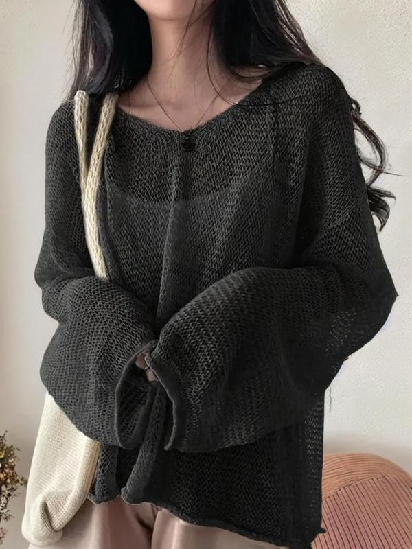 Women's Solid Hollow Out Drop Shoulder Sweater, Boho Casual Long Sleeve Round Neck Jumper for Fall, Back To School Outfits, Ladies Knitwear, Holiday Outfits 2024, Vintage Clothing