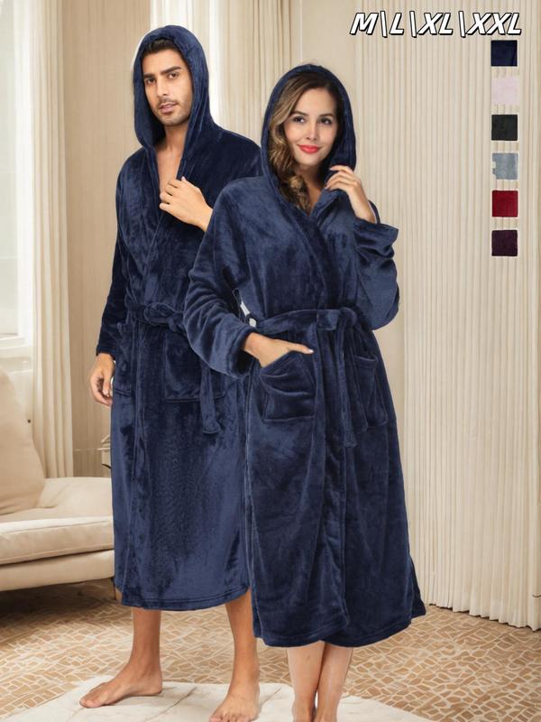 Couple's Solid Belted Hooded Flannel Robe, Casual Long Sleeve Pocket Design Bathrobe, Warm Comfy Couple Sleepwear for Fall & Winter