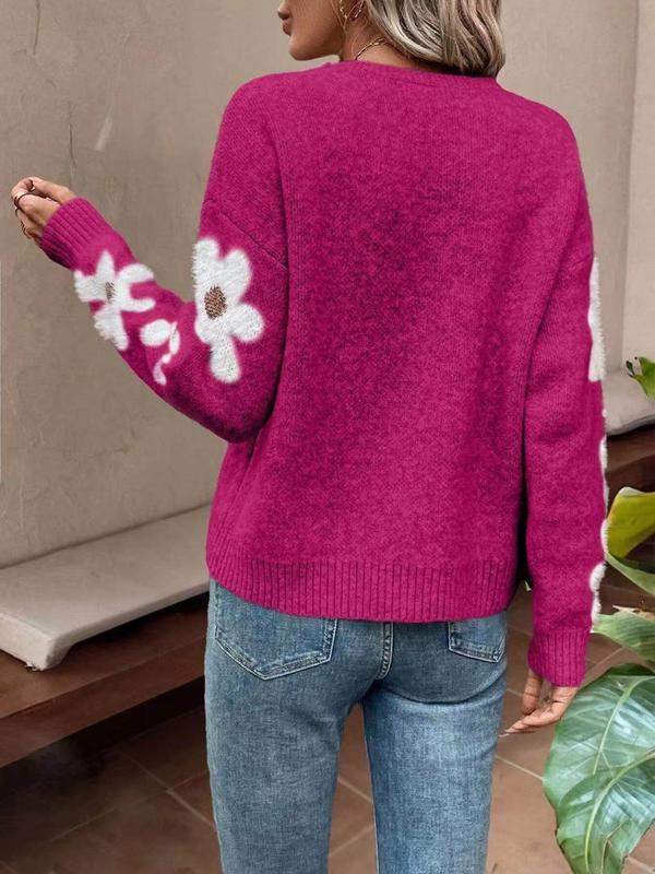 Women's Floral Print Drop Shoulder Sweater, Casual Long Sleeve Round Neck Jumper for Fall & Winter, Fashion Ladies' Knitwear for Daily Wear