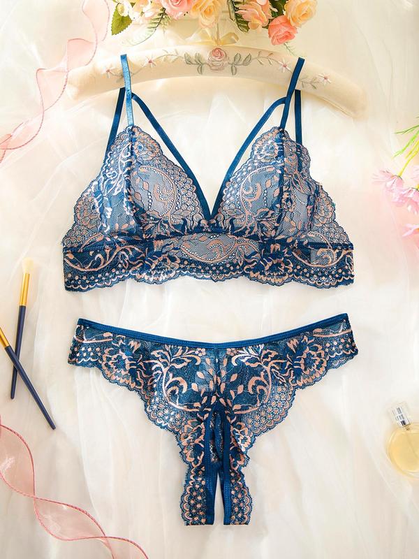 Women's Colorblock Lace Sexy Lingerie Set, Adjustable Strap Cut Out Push Up Bra & Crotchless Thong Set, Soft Comfy Breathable Lingerie Set for Women