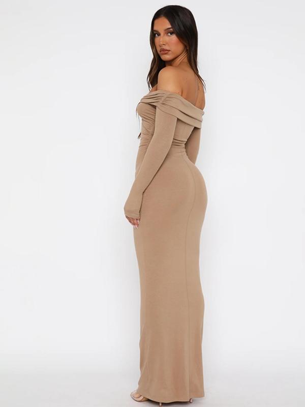Women's Plain Twist Off Shoulder Bodycon Dress, Casual Long Sleeve Ruched Maxi Dress for Party Club Dating Wear, Women's Clothing for Fall & Winter