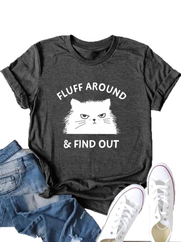 Women's Cartoon Cat & Letter Print Round Neck Graphic Tee, Casual Short Sleeve T-Shirt for Summer, Women's Clothes for Daily Wear