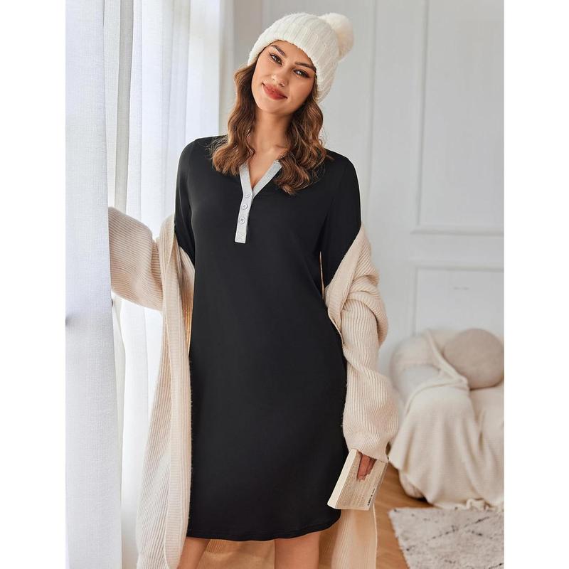 Women's Nightgown Long Sleeve Sleepshirt Button Down Nightshirt V Neck Pajama Dress with Pockets S-XXL.Comfortable skin-friendly high-end charming