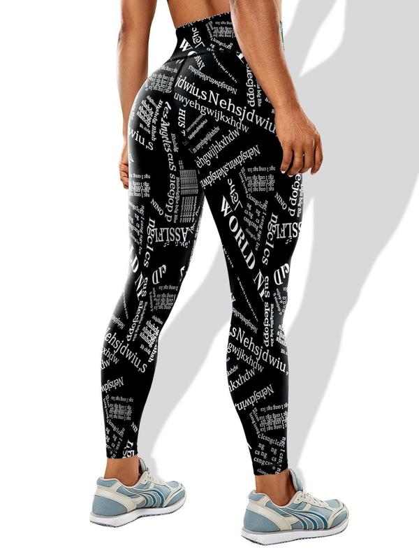 Women's All Over Letter Print High Waist Leggings, Casual Comfy Skinny Pants for Daily Wear, Ladies Bottoms for All Seasons