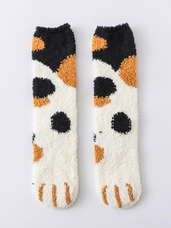 Women's Cartoon Cat Paw Print Fuzzy Socks, Cute Soft Comfy Mid-calf Socks for Fall & Winter, Women's Socks for Daily Wear