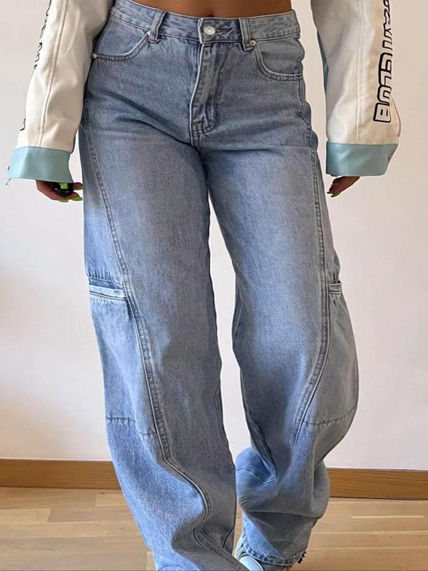 Women's Plain Pocket Button Straight Leg Jeans, Casual Comfy Denim Jeans for Daily Wear, Ladies Bottoms for Fall & Winter