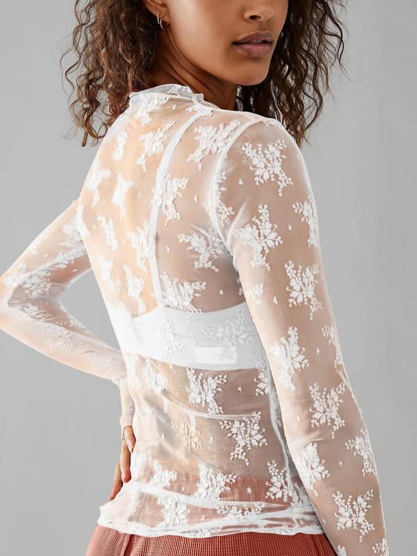 Floral Lace Sheer Lettuce Trim Tee, Long Sleeve Round Neck T-shirt for Women, Women's Clothing for Summer