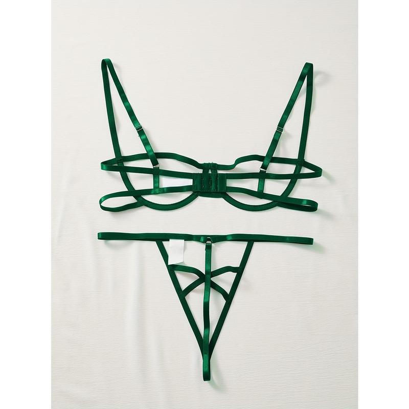 Sultry Hollow Out Lingerie Set - Thin Shoulder Straps, Push-Up Bra, Thong, Sexy Women's Intimates Clothing for Confidence Boost