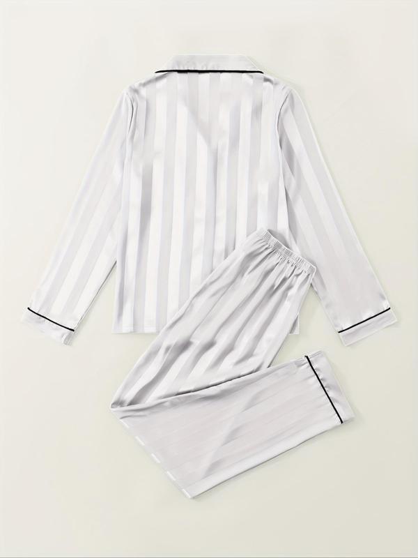 @Shopwithjulie Collection 2 Counts Women's Striped Print Satin Pajamas Set, Soft Long Sleeve Button Front Lapel Shirt & Pants Pjs, Comfy Pj Set, Nightwear & Loungewear, Summer Wear 2024, Lounge Sets, Pajama Sets Women, Please Purchase A Size Up