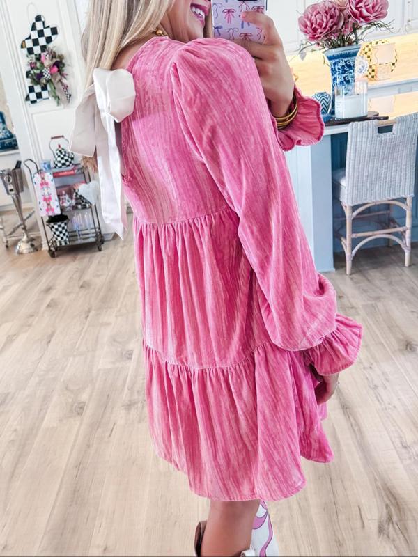 Women's Plain Ruffle Hem Tie Back Smock Dress, Elegant Fashion Flounce Sleeve Round Neck Dress for Daily Outdoor Wear, Women Dress for Spring Fall