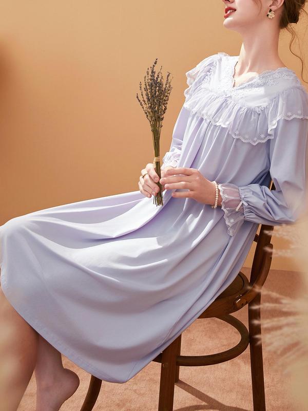Women's Contrast Lace Ruffle Trim Nightdress, Long Sleeve V Neck Nightgown, Ladies Sleepwear for Spring & Fall
