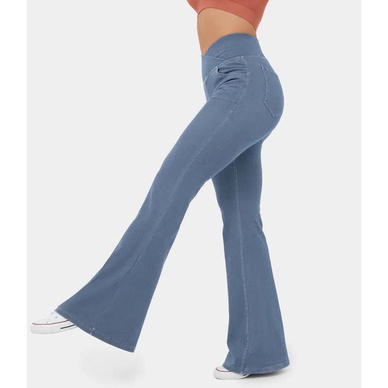 HalaraMagic High Waisted Crossover Pocket Cool Touch Washed Stretchy Knit Casual Super Flare Jeans