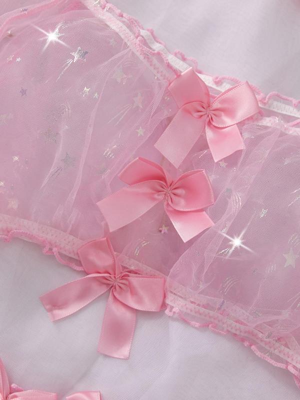 Women's Contrast Sequin Bow Front Sheer Sexy Lingerie Three-Piece Set, Romantic Sexy Lettuce Trim Top & Panty & Choker Set, Women's Sexy Lingeries & Costumes for All Seasons