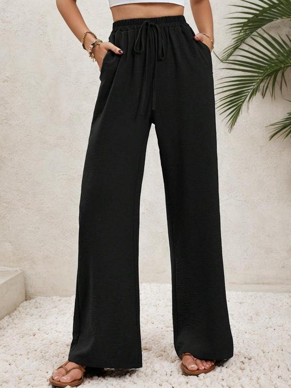 Women's Plain Drawstring High Waist Wide Leg Pants, Pants for Women, Baggy Pants, Summer Clothes Women, Casual Pocket Elastic Waist Trousers for Summer, Women's Bottoms for Daily Wear, Summer Outfits 2024